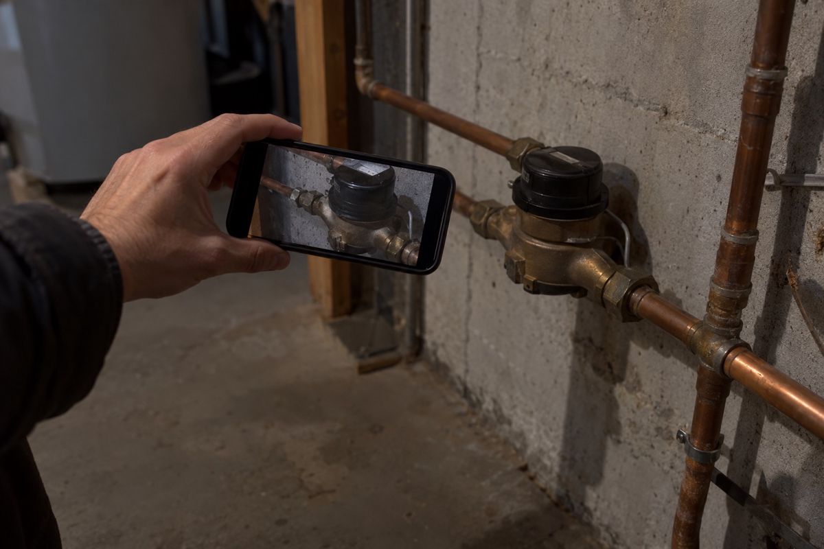 Hand photographing a household water meter in a basement