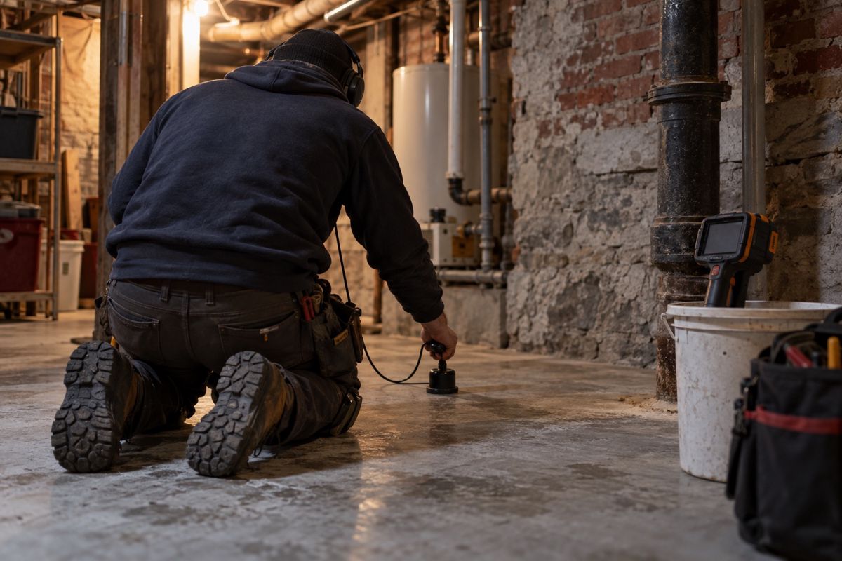 Plumber listening for a leak on a basement concrete slab