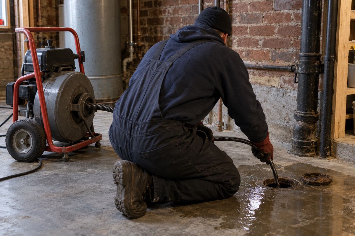 Plumber feeding a drain cable into a basement floor drain