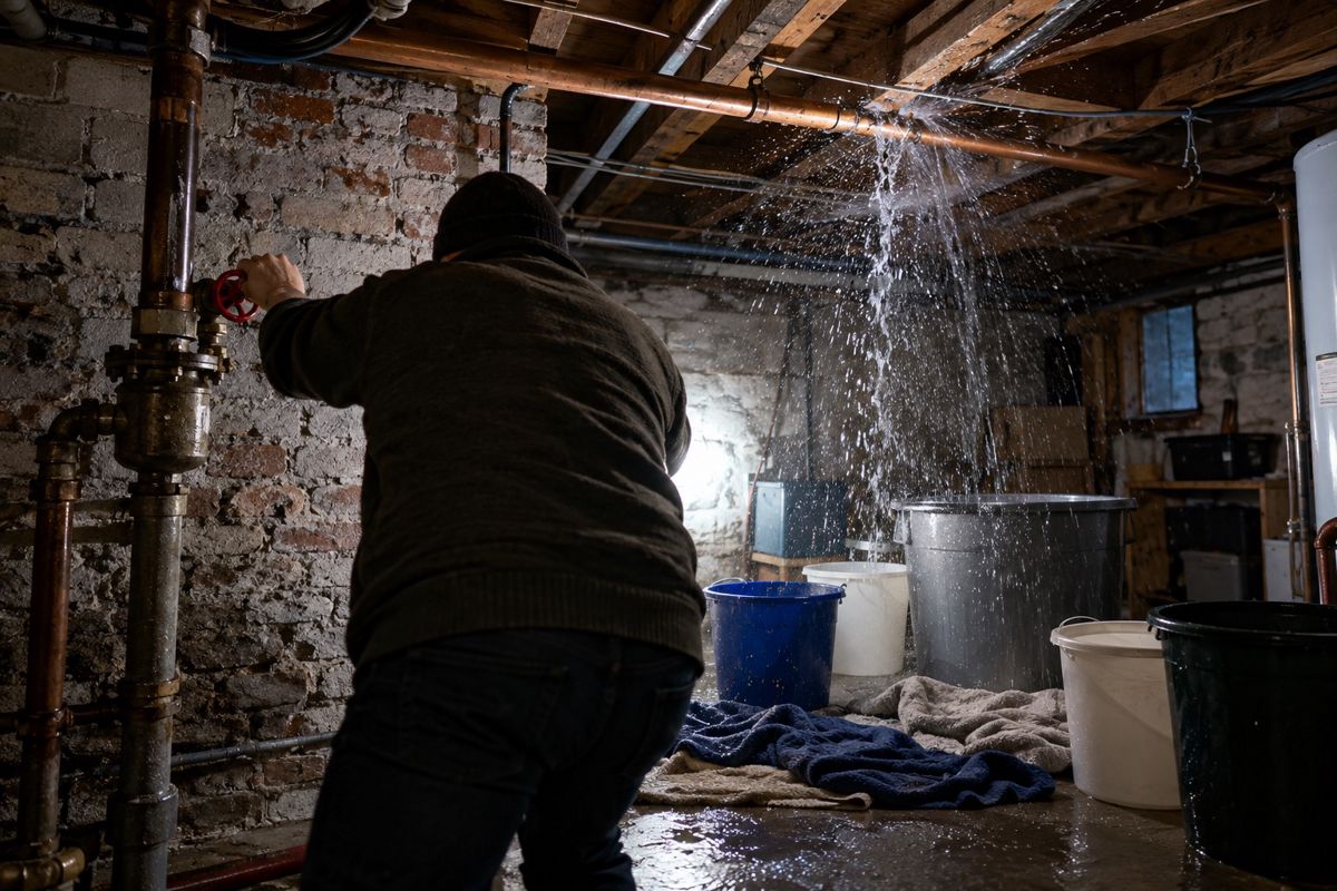 Burst pipe spraying water in a basement while a valve is closed