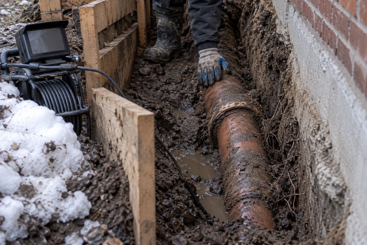 Excavated old clay sewer pipe beside a brick duplex