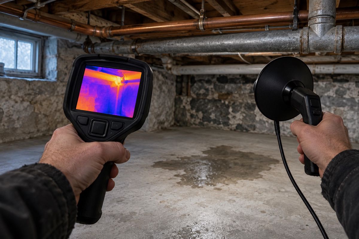 Plumber scanning a concrete basement floor for a hidden leak