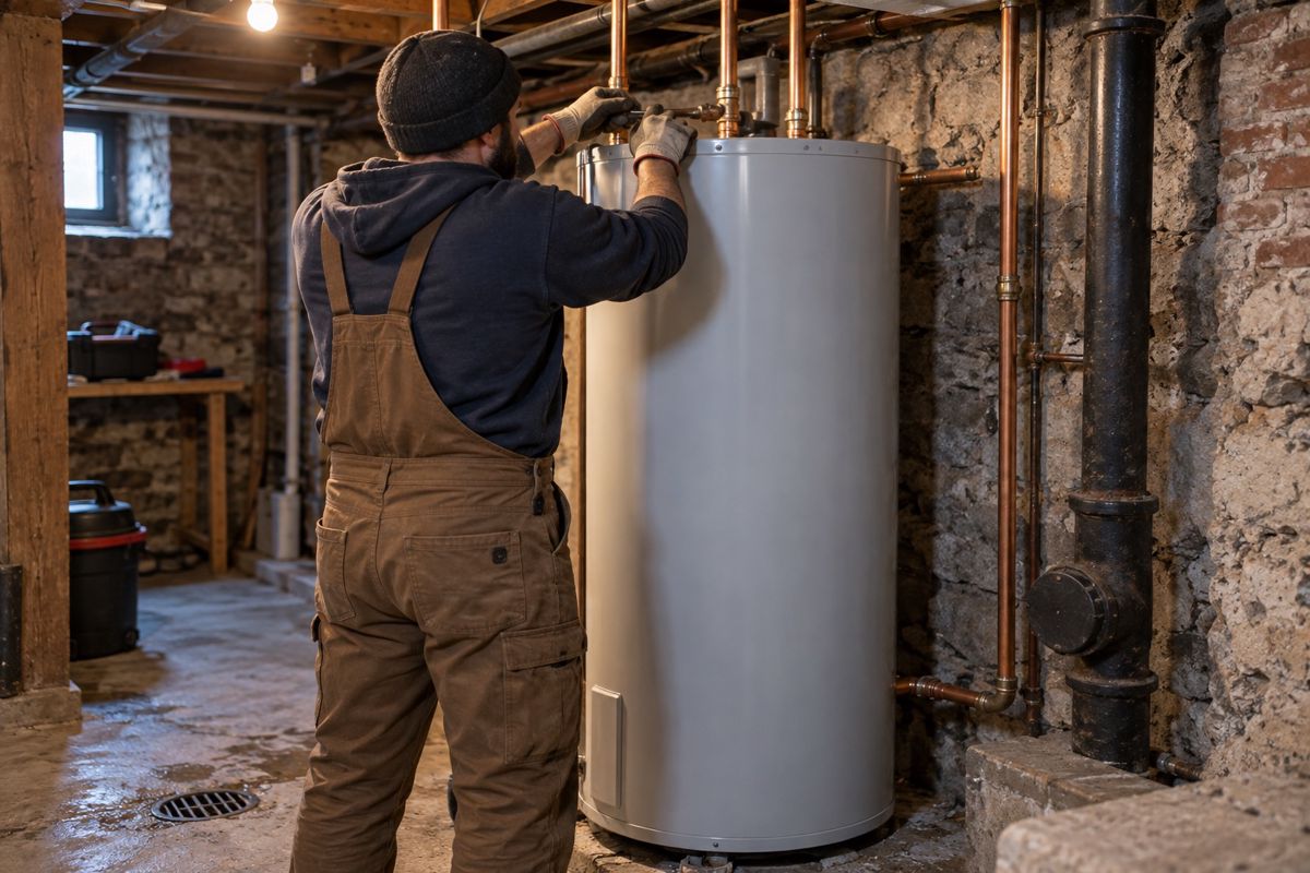 Plumber installing an electric water heater in a basement